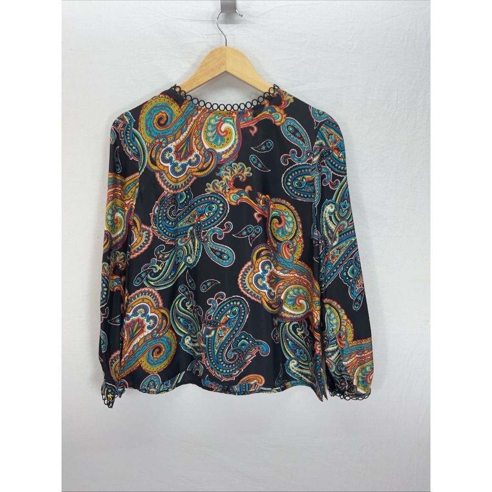 J. Crew‎ Silk Paisley Print Blouse Top Size 8 Black eyelet trim collar
